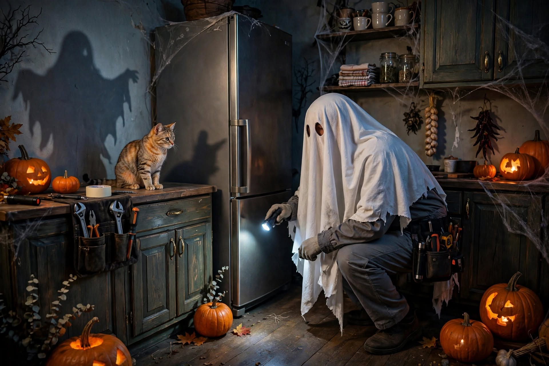 A repair technician in a ghost costume beside a refrigerator and a cat in a Halloween kitchen