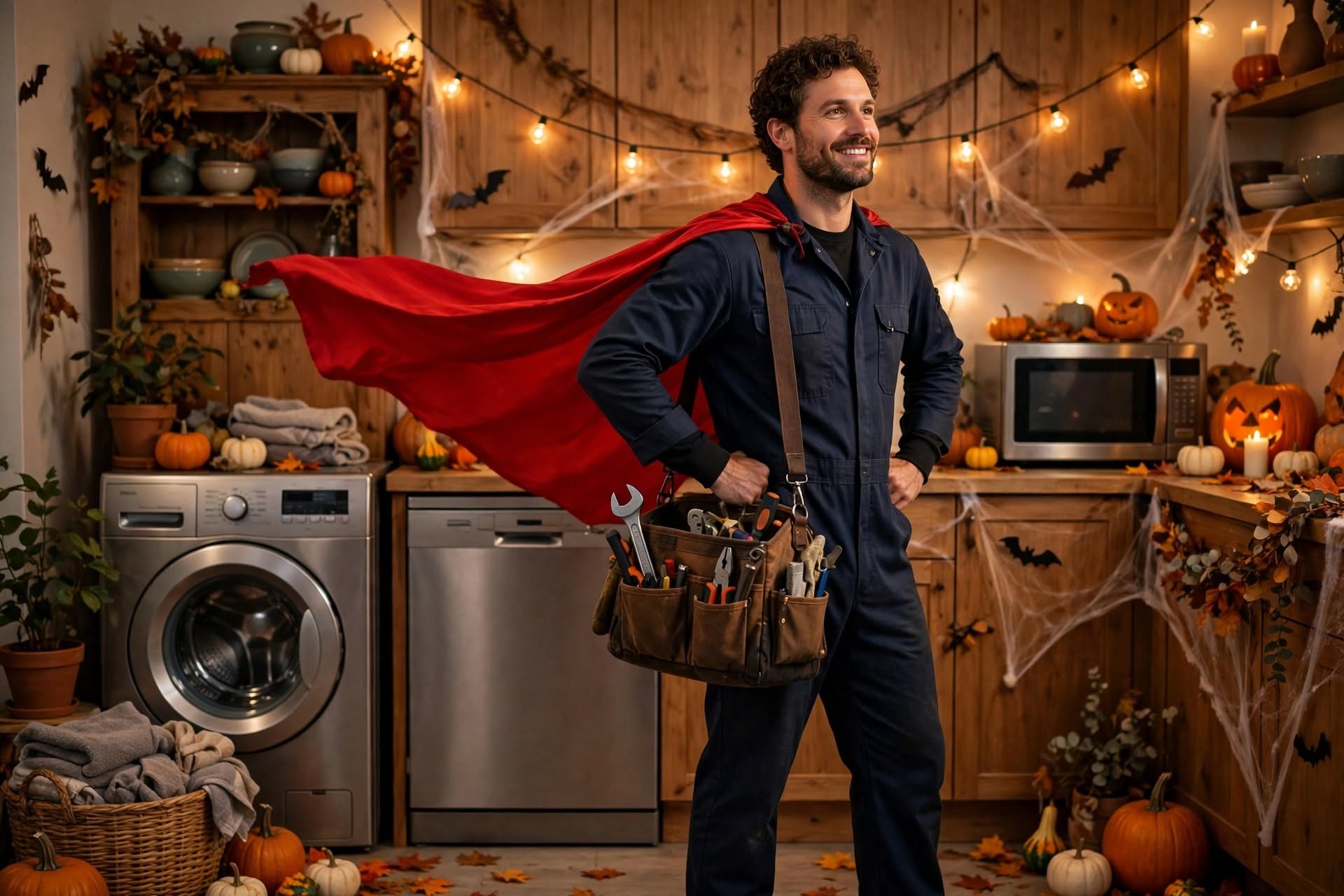 A repair technician in a red superhero cape beside a washer, dishwasher, and microwave