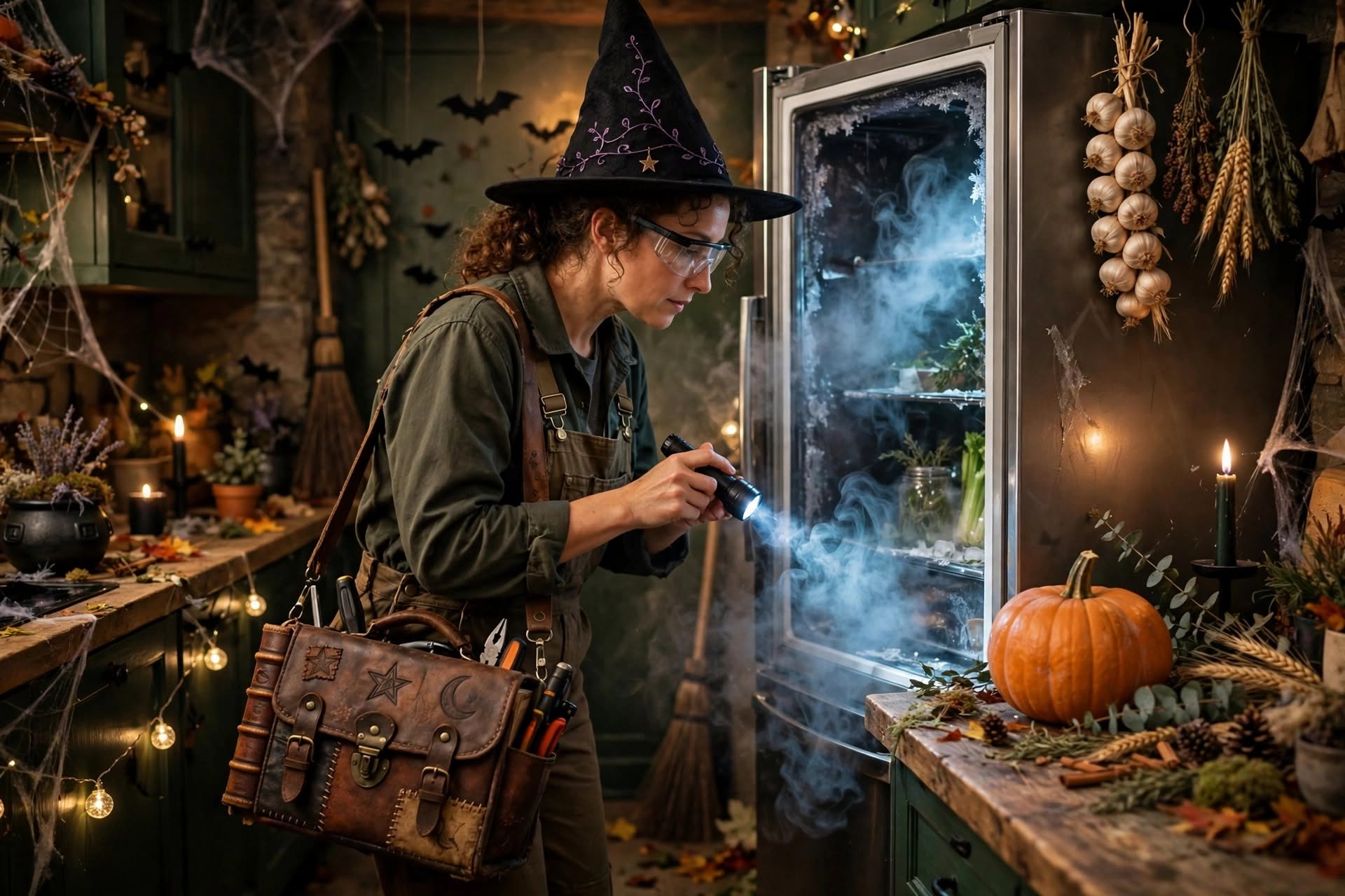 A repair technician in a witch hat inspecting an open refrigerator with a flashlight