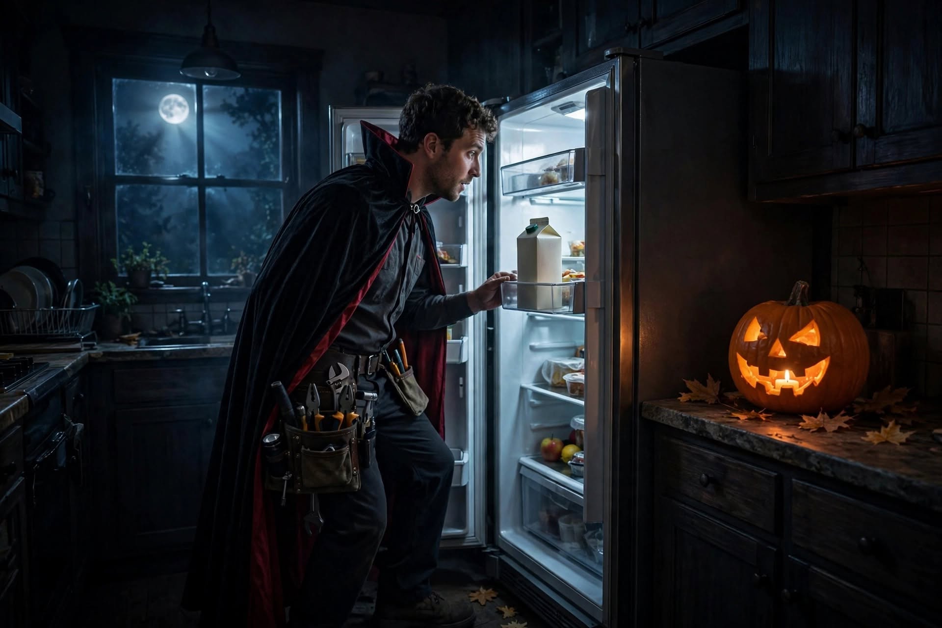 A repair technician in a vampire cape inspecting a refrigerator beside a glowing Halloween pumpkin