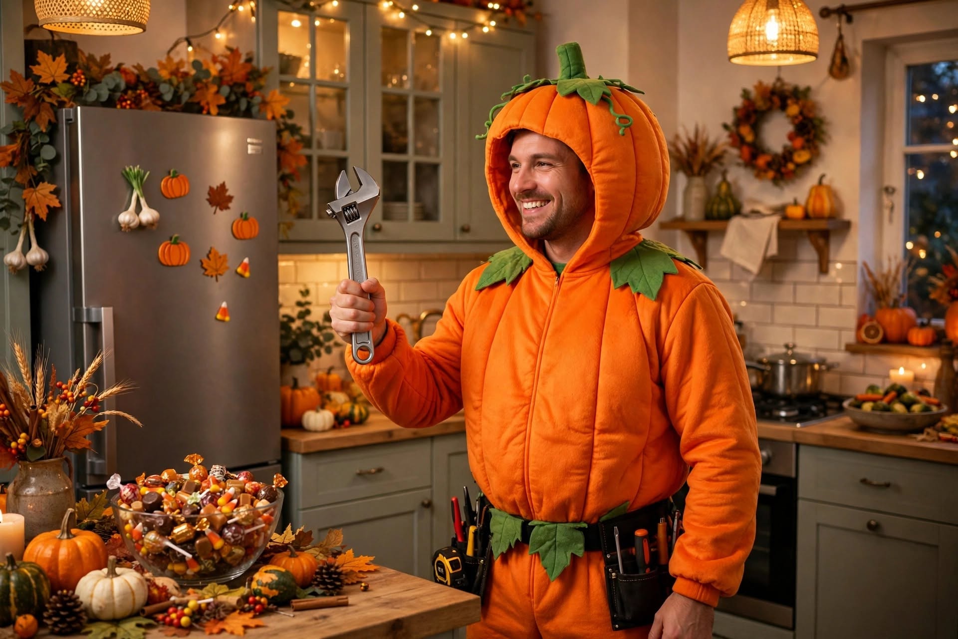 A smiling repair technician in a pumpkin costume holding a wrench in a decorated kitchen