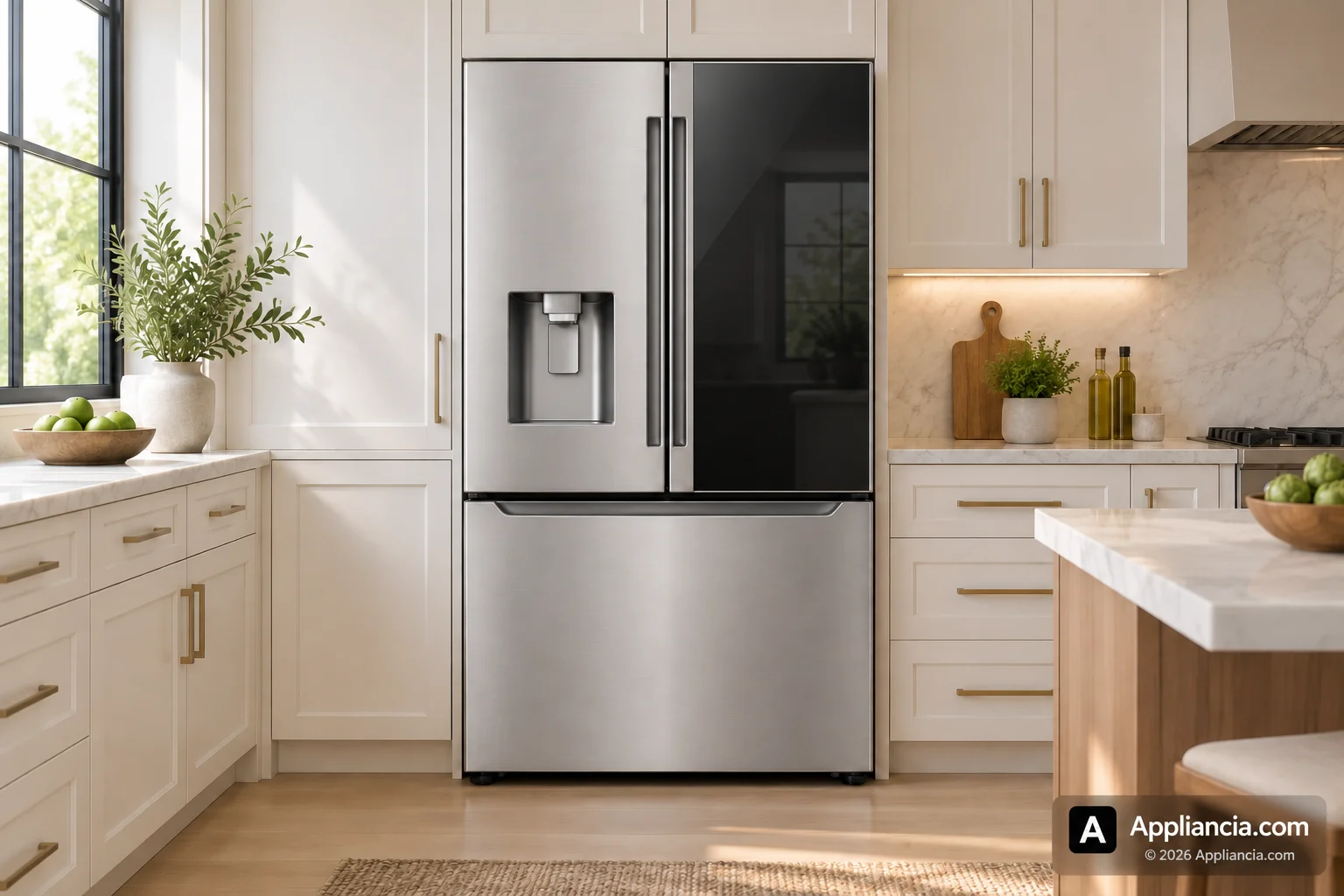 Un refrigerador en una cocina luminosa